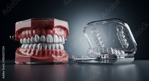 Dental model comparing traditional dentures to modern clear aligners for orthodontic treatment