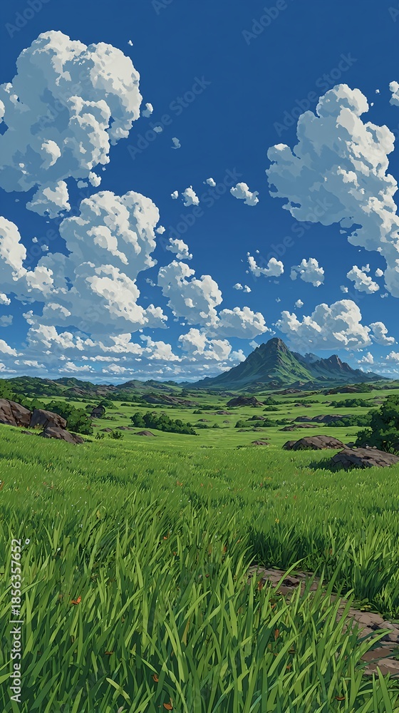 Obraz premium Anime style summer meadow under cumulus clouds for phone wallpaper