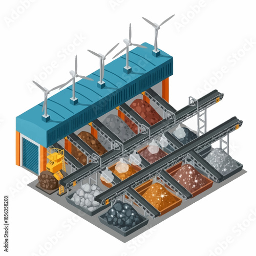 Isometric view of a sustainable mining and resource processing facility with wind turbines.