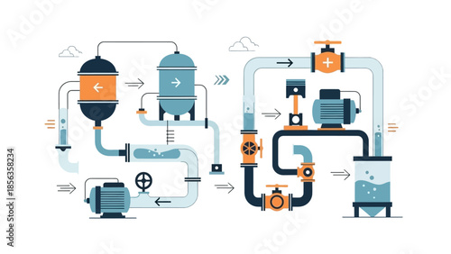 A detailed illustration of industrial machinery and equipment with pipes and valves in a technical drawing style on a clean white background.
