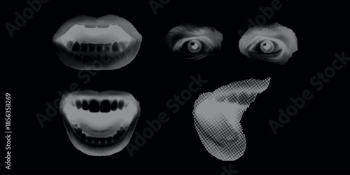 Fragmented facial features a surreal arrangement of lips eyes and tongue .Trendy halftone collage elements set.Modern retro vector illustration.