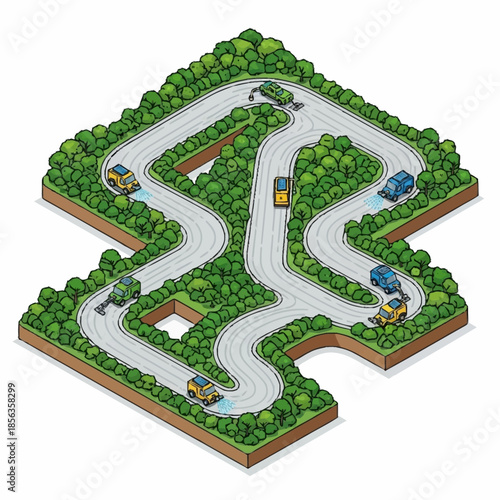 Isometric view of a winding road with cars and lush green trees.