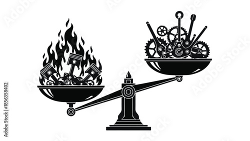 Scales balancing a hot engine against complex machinery, symbolizing trade-offs and efficiency.