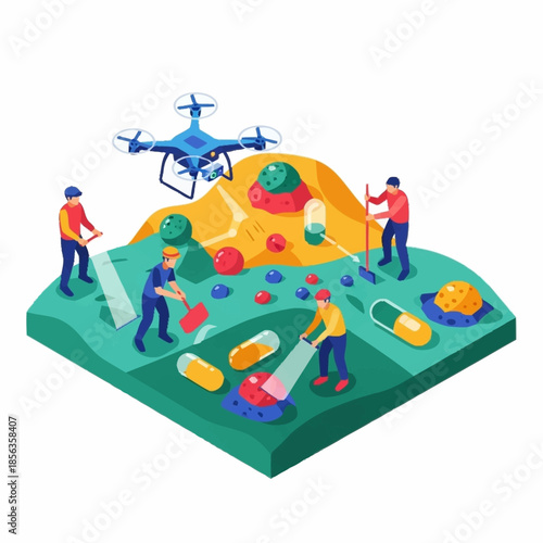 Isometric view of people cleaning up a polluted landscape with a drone.