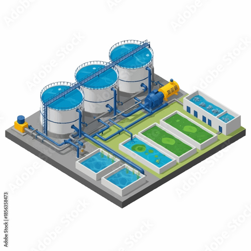 Isometric Water Treatment Plant with Tanks and Filtration System.