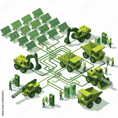 Solar Powered Mining Operation with Heavy Equipment and Workers.