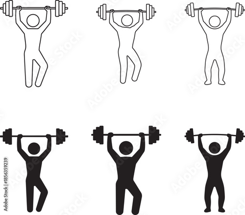 Weightlifting illustrations of people performing various dumbbell lifts in line art and solid silhouette style