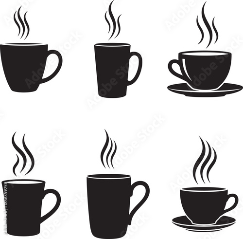Six solid black silhouette coffee cups with steam on white background