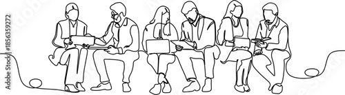 Continuous Line Art of a Group of People Sitting and Working Together