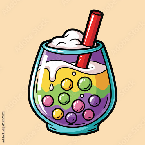 Colorful Bubble Tea Illustration with Straw and Topping.