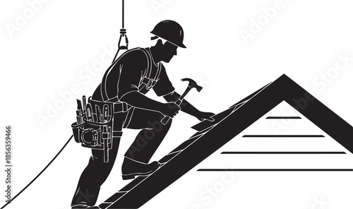 Construction Worker Silhouette Installing Roof