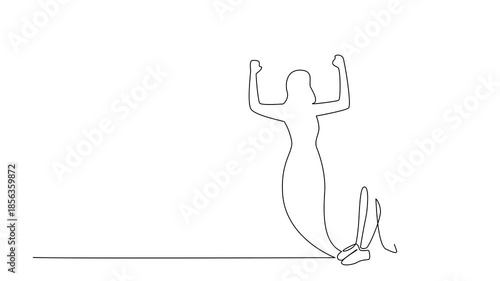 Self drawing animation of continuous line drawing of woman sitting and covering face in distress, with shadow cast behind in triumphant pose. National Posttraumatic Growth Day. Full length animated
