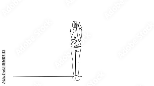 Animated self drawing of a woman standing covering her face with victorious shadow in single line draw. National Posttraumatic Growth Day theme with a health concept, healing. Full length animation