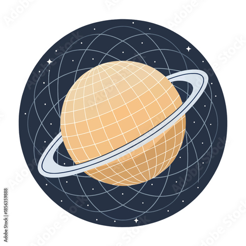 A digital illustration of a planet with a ring system in space