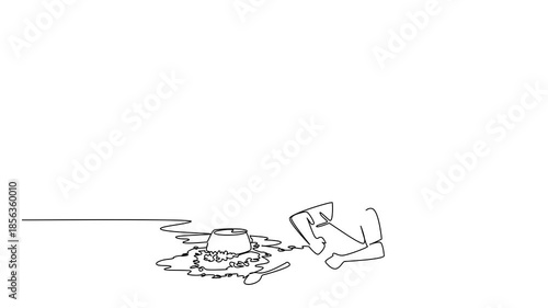 Animated self drawing of single line drawing of a young boy fell off and lying on the floor next to a spilled bowl of food and a spoon. National Kitchen Klutzes of America Day. Full length animation