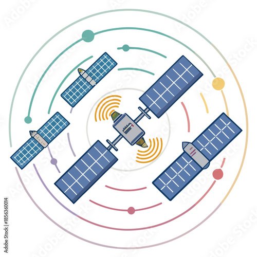 A satellite system with multiple satellites orbiting around a central point