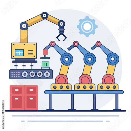 A factory production line with robotic arms and machinery in action