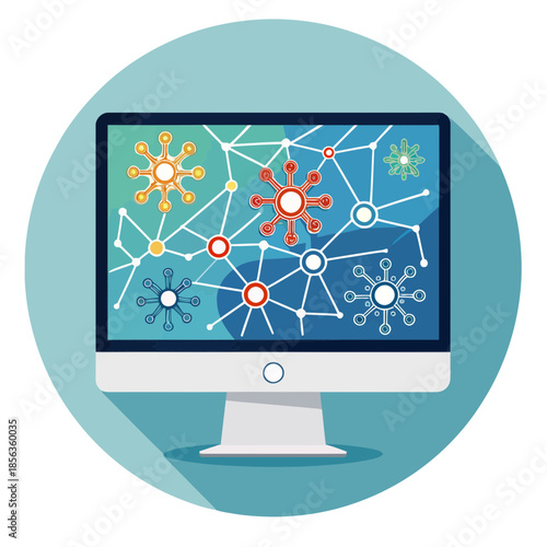 A computer monitor displays a vibrant graphic design on its screen