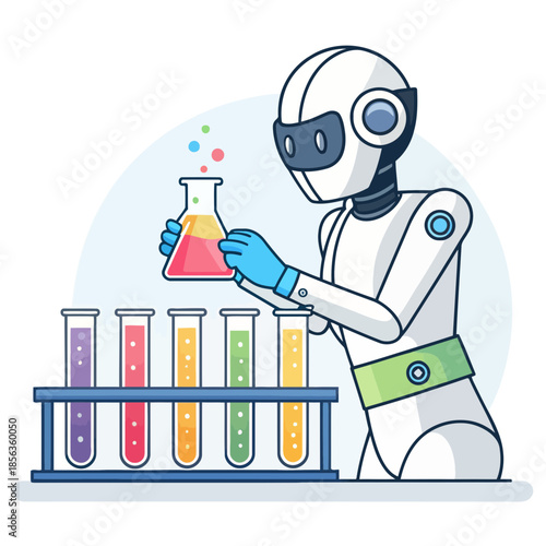 A robot carefully handling a colorful beaker in a laboratory setting
