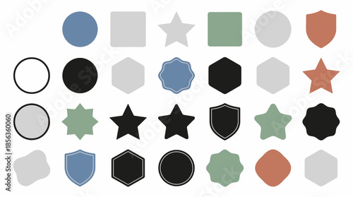 Assorted geometric shapes in various colors and sizes arranged in a grid pattern on a white background