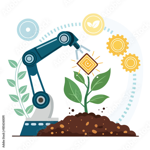 A robotic arm nurtures a growing plant with technology and innovation