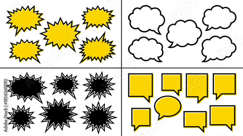 A collection of comic speech bubbles and explosion effects in a grid layout on a white background