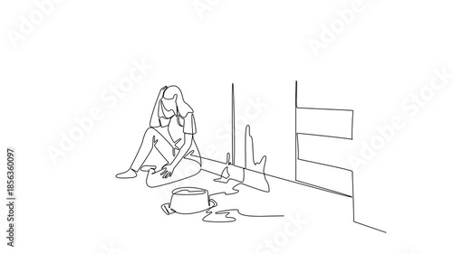 Animation of continuous line drawing of a frustrated woman sitting on the floor, holding her head in despair next to a spilled pot of food. National Kitchen Klutzes of America Day. Full length motion