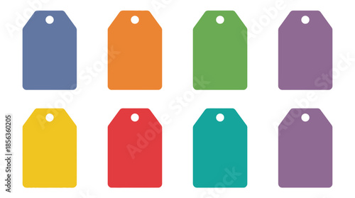 Collection of colorful labels arranged in two rows on a white background