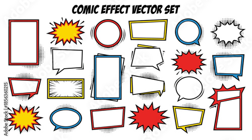 Assorted comic effect vector speech bubbles and frames in various colors and shapes on a white background