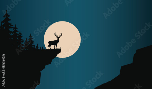 A majestic deer stands on a cliff edge in silhouette against a large full moon in a dark blue night sky with trees