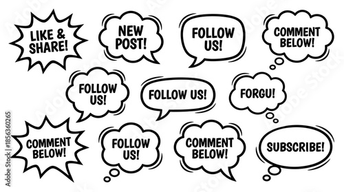 Collection of various speech bubbles with social media prompts and engagement calls in illustration style