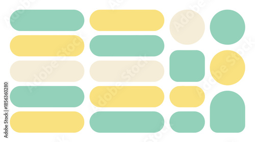 A collection of rounded shapes in various pastel colors and sizes arranged on a white background