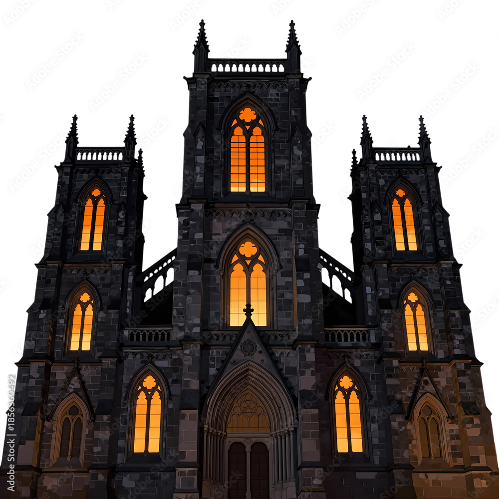 Fototapeta premium Gothic cathedral facade with illuminated stained glass windows