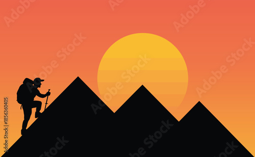 A silhouette of a hiker climbing a mountain peak with a backpack and trekking poles at sunset