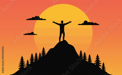 A man stands on a mountain peak with arms outstretched in triumph silhouette