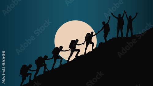 A group of people are helping each other to reach the top of a hill with a large moon in the background silhouette