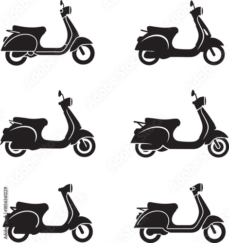 Six black silhouettes of scooters on a white background