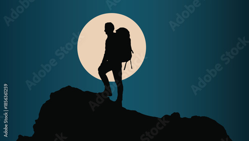 A hiker stands on a rocky outcrop in silhouette against a full moon in the night sky silhouette