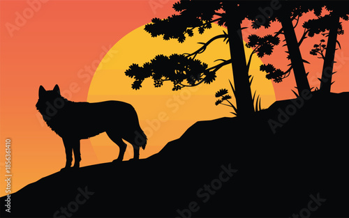 A wolf stands on a hill in silhouette against a vibrant orange sunset with trees in the background silhouette