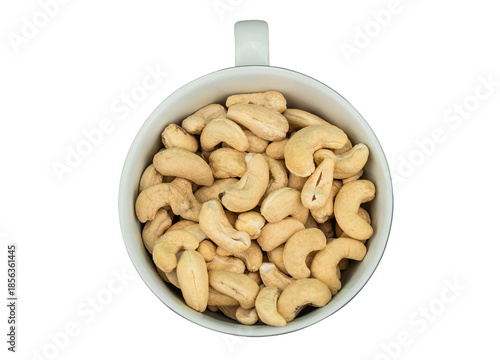 Close-Up of Raw Cashew Nuts in a White Cup: Heart Healthy, Protein-Rich Snack Option for Nut Lovers Seeking Untested Delights on Transparent Background.