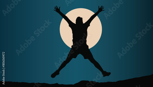 A man jumping in the air with his arms outstretched in front of a full moon silhouette