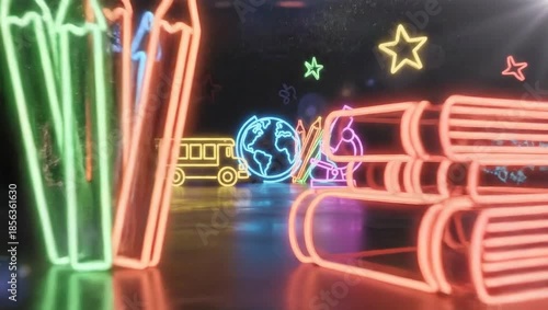 Neon school supplies glow in a dark room, symbolizing education and learning.