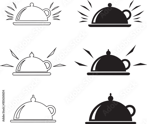 Cloche dish icons with various designs and styles  in line art and solid black