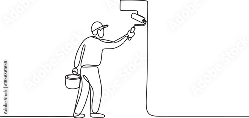 Continuous one line drawing of paint the walls in the room, Painter paints a wall with a roller, worker in uniform one line art. one line Art icon drawing