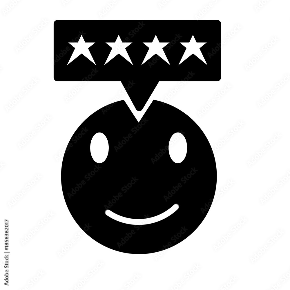 Fototapeta premium Four star rating icon with happy face emoticon in black silhouette style. Positive feedback symbol isolated on transparent background.
