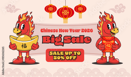 Chinese New Year 2026 Big Sale Banner with Fire Horse Characters Holding Gold Ingot and Red Envelope