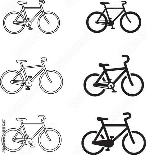 A set of six bicycle line drawings and Silhouette in various styles and orientations