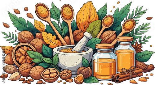 Vibrant herbal medicine setup with nuts and potions