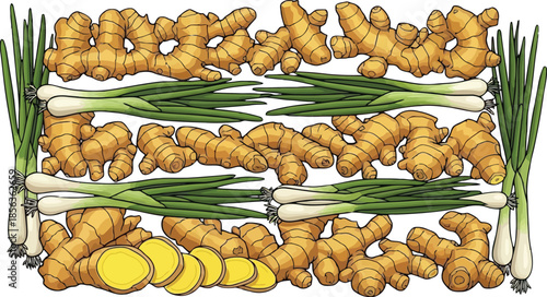 Vibrant turmeric roots and green onions on black background