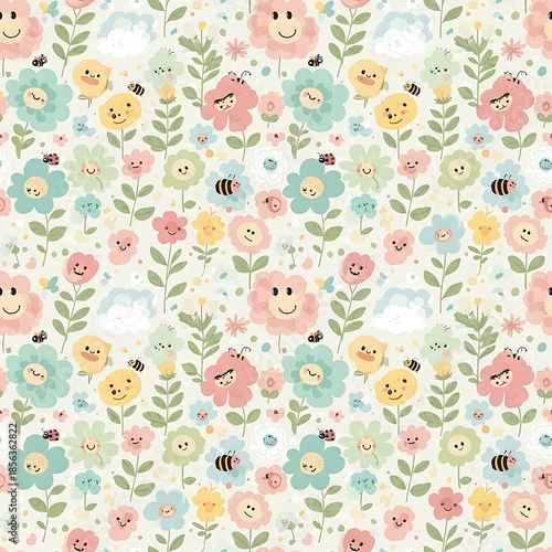 Floral pattern illustration with smiling flowers and insects on a white background